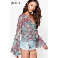 Wrap Over Flute Sleeve Paisley Women Blouse